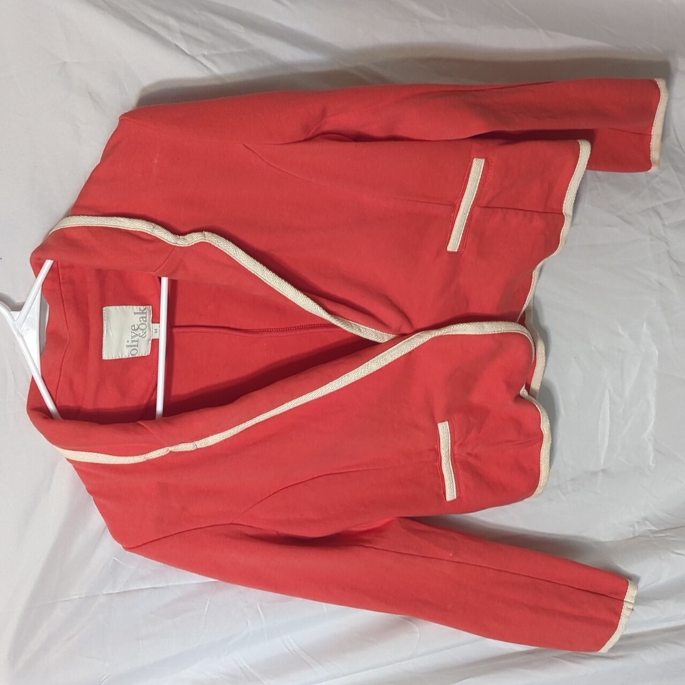 Olive & Oak Womens Coral Pink Knit Cropped Blazer Cream Piping‎ Size Medium 654